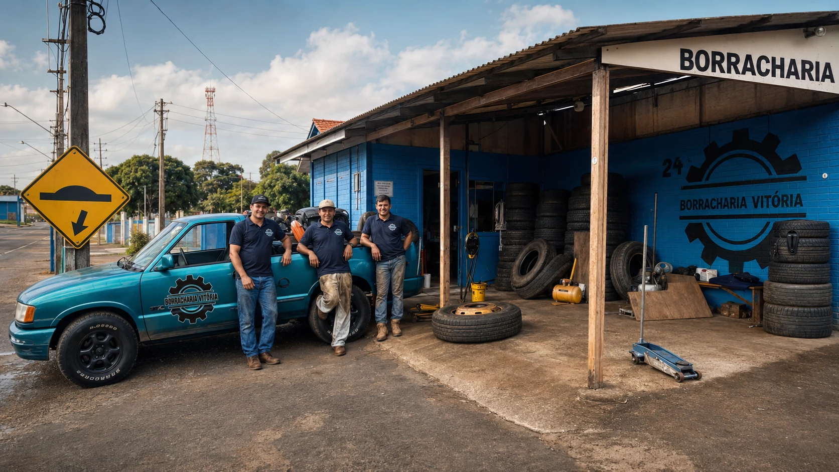 Equipe da Borracharia Vitória em frente ao estabelecimento